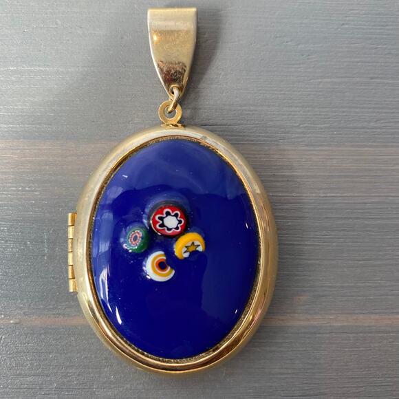 Vintage Enamel Locket Pendant Royal Blue Oval Goldtone Multicolor Floral Fruits - Picture 1 of 5